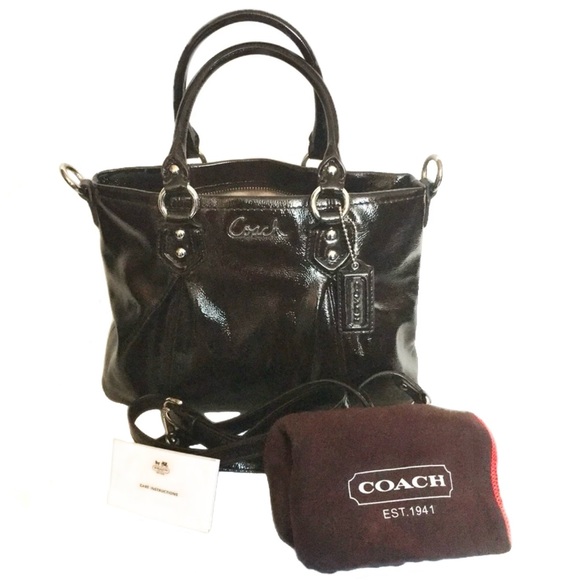 $198 Authentic Ashley Coach Brown Patent Leather Convertible Crossbody Satchel - Picture 3 of 8